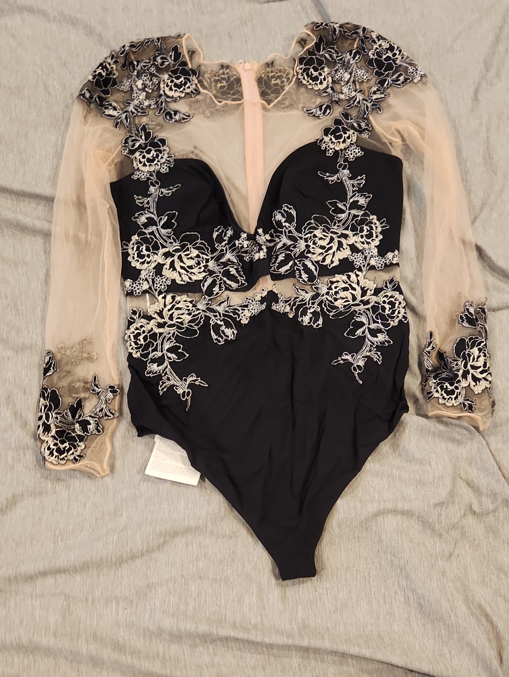 La Perla Black & Nude Embroidered Mesh Long-Sleeve Bodysuit